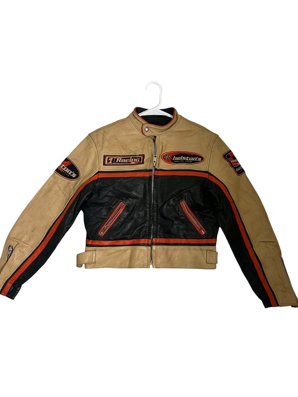 Helstons Leather Motorcycle Jacket Womens Large Tan Black Racing Biker Striped